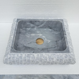 Handcrafted Gray Marble Sink for Bathroom Vanity, Unique Stone Bathroom Basin Dimensions: 19 x 16.5 x 5 inches, Ready To Ship!