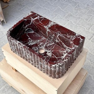 Rosso Levanto Marble Vessel Sink – Handcrafted Fluted Stone Sink – Luxury Red Marble Bathroom Basin image 5