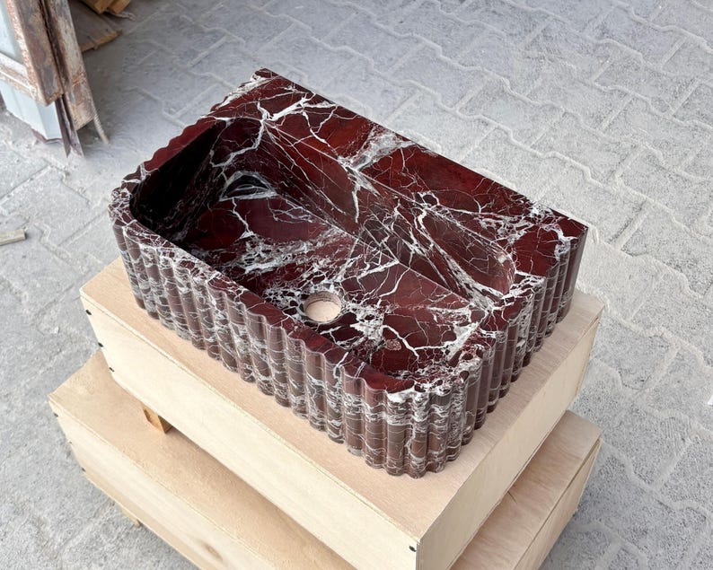 Rosso Levanto Marble Vessel Sink – Handcrafted Fluted Stone Sink – Luxury Red Marble Bathroom Basin image 5