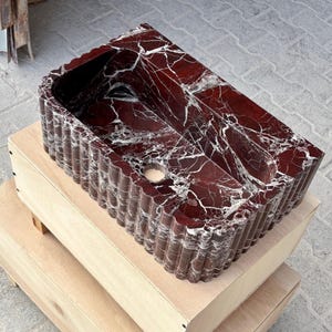 Rosso Levanto Marble Vessel Sink – Handcrafted Fluted Stone Sink – Luxury Red Marble Bathroom Basin image 9