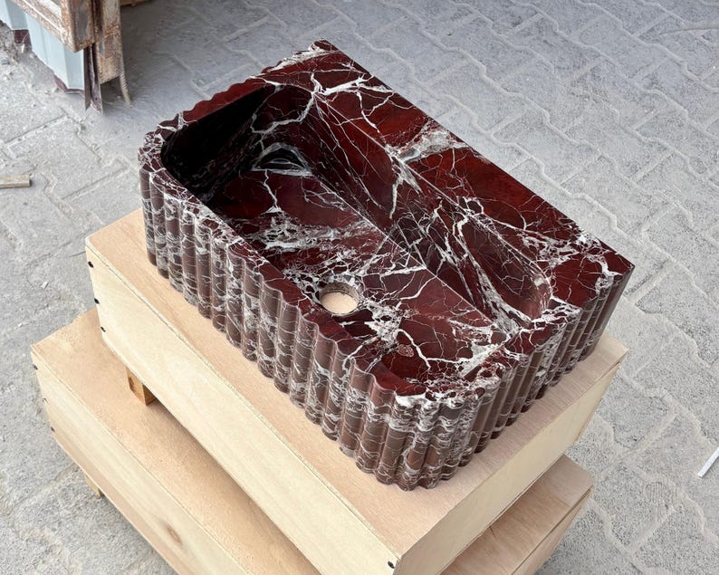 Rosso Levanto Marble Vessel Sink – Handcrafted Fluted Stone Sink – Luxury Red Marble Bathroom Basin image 9