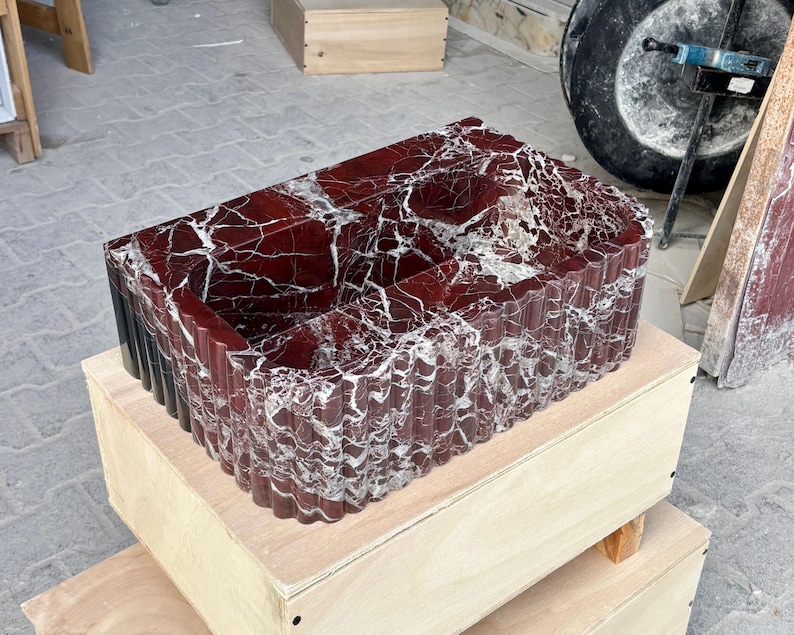 Rosso Levanto Marble Vessel Sink – Handcrafted Fluted Stone Sink – Luxury Red Marble Bathroom Basin image 6