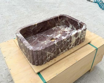 Handcrafted Rosso Levanto Marble Sink: Fluted Rectangular Vessel, 20" x 13" x 5"