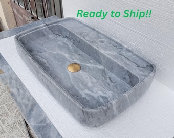 Ready to Ship!! Hand Carved Gray Marble Sink, Powder Room Sink, Wall Mounted Sink