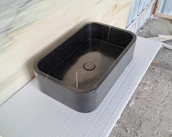 Hand-Carved Nero Marquina Marble Sink: Polished Bathroom Vanity