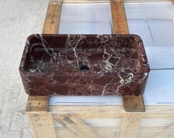 Rosso Levanto Marble Countertop Sink, Burgundy Veined Basin (24 x 12 x 6)
