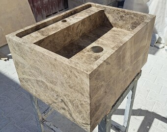 Dark Emperador Marble Sink, Wall Mounted Sink, Furniture-matched washbasin, Bathroom Sink, Kitchen Marble Sink, Hand Carved Sink