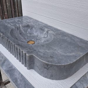 Ready to Ship!! Gray Marble Sink, Wall Mounted Sink, Hand Carved Bathroom Sink, Sink for Bathroom, Grooved Front Marble Sink