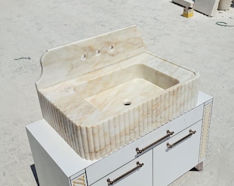 Hand Carved Calacatta Gold Marble Sink: Ribbed Wall Mounted Washbasin
