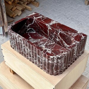 Rosso Levanto Marble Vessel Sink – Handcrafted Fluted Stone Sink – Luxury Red Marble Bathroom Basin image 7