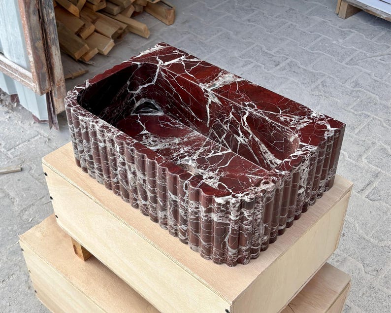Rosso Levanto Marble Vessel Sink – Handcrafted Fluted Stone Sink – Luxury Red Marble Bathroom Basin image 7