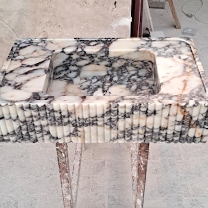 Hand Carved Calacatta Viola Marble Wall Mount Sink: Grooved Vanity