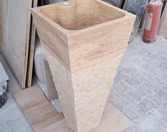 Handcrafted Travertine Pedestal Sink, Modern Ribbed Stone Washbasin (16” x 16” x 30")