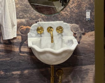Hand-Carved White Marble Wall-Mounted Sink: Wavy Design
