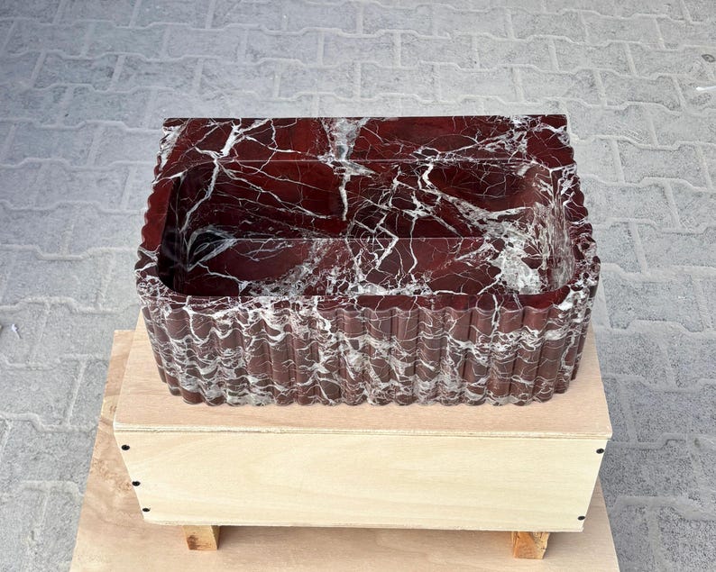 Rosso Levanto Marble Vessel Sink – Handcrafted Fluted Stone Sink – Luxury Red Marble Bathroom Basin image 8