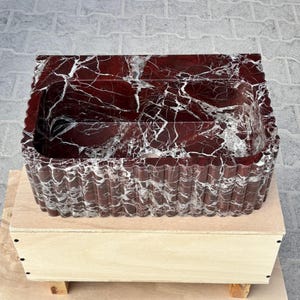 Rosso Levanto Marble Vessel Sink – Handcrafted Fluted Stone Sink – Luxury Red Marble Bathroom Basin image 10