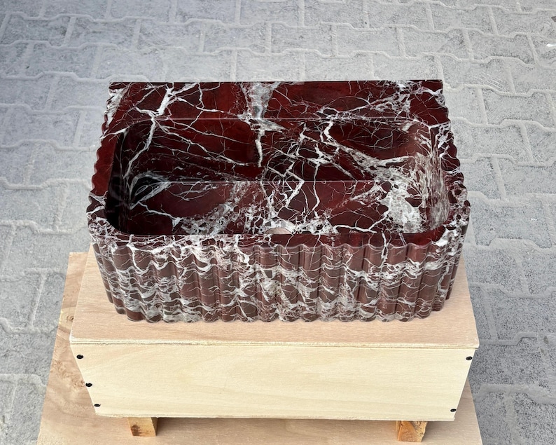 Rosso Levanto Marble Vessel Sink – Handcrafted Fluted Stone Sink – Luxury Red Marble Bathroom Basin image 10