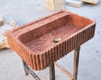 Red Travertine Bathroom Sink: Grooved Front, Wall Mounted, Custom Order