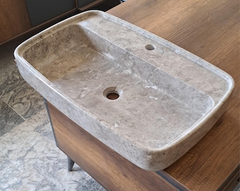 Lavabo de mármol gris tundra tallado a mano: Lavabo de baño pulido
