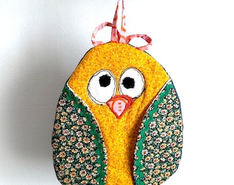 Handmade Quilted Potholder with Embroidered Face, Ribbon Loop