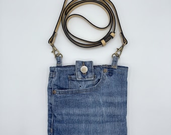 Retro Sustainable Denim Bag - Handcrafted Upcycled Jeans Purse, Leatherette Strap - READY TO SHIP