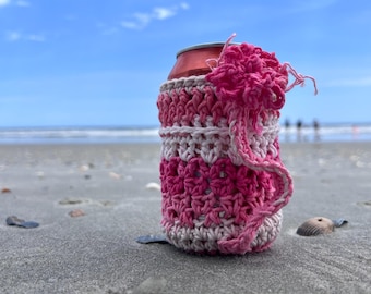 Ocean Isle Beach drink can cozy, crocheted on the beach