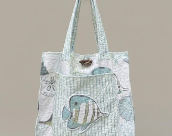 Handcrafted Extra Large Beach-to-Market Quilted Tote: 'Ocean Isle Blue' with Driftwood Button Closure - READY TO SHIP