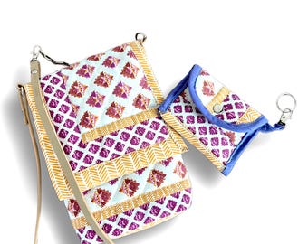 Quilted Crossbody Bag and Coin Holder Set: Plum and Golden-Ochre Geometric Print