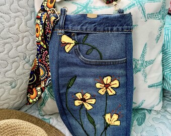 Artist designed, reclaimed denim purse - floral, sustainable, pockets - unique artwork - functional art