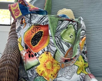 Tropical Beach Tote Bag – Upcycled Tablecloth Purse – Microfiber Lined Summer Bag – 14x14 Handmade Pool Tote with Pocket