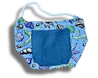 Coastal Seashell Beach Tote – Large 23.5×15” Rope Handle Bag with Quilted Pocket, Ocean Print Summer Tote, Handmade Pool & Travel Bag
