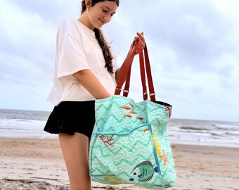 Quilted Ocean Isle Tote - Lily and Addie at the Shore – Handcrafted Coastal Carryall - Upcycled, sustainable, unique