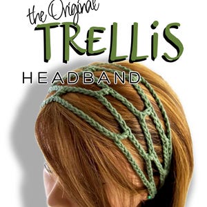 May include: A green Trellis headband is displayed on a person with auburn hair. The headband is made of woven material and is designed with a trellis pattern. The text "the Original TRELLIS HEADBAND" is written above the headband.