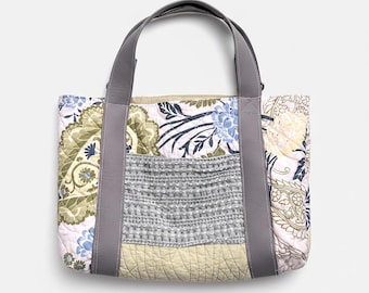 Repurposed Quilted Tote Bag: Floral Damask, Textured Pockets, Leather Straps