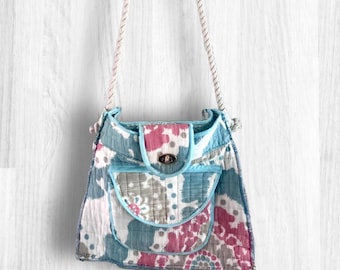 Bistro/Blooms Repurposed Quilted Tote Bag: Floral Sustainable Handmade