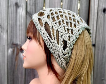 Boho Hippie Style Triangle Crochet Bandana – Summer-friendly Cotton - Lightest Mint Green - Lacy pattern - handmade
