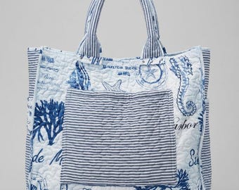 Handcrafted Extra Large Beach-to-Market Quilted Tote: Coastal/Nautical Theme  - sustainably crafted