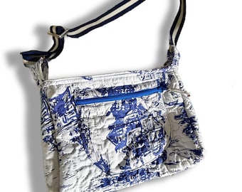 Blue & White Toile Purse – 13×9” Quilted Shoulder Bag with Adjustable Strap, Zipper Pocket, Fully Lined Everyday Crossbody, Handmade Gift
