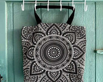 The Monochrome Mandala Carryall - all purpose tote bag - artisan design - one of a kind - Sustainable, upcycled