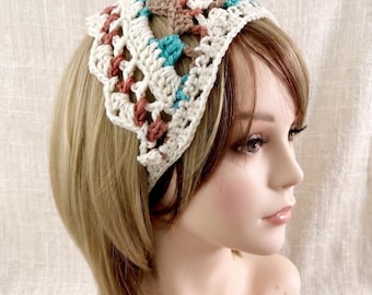 Boho Hippie Style Triangle Crochet Bandana – Cream, Terracotta & Turquoise | Cotton Head Scarf