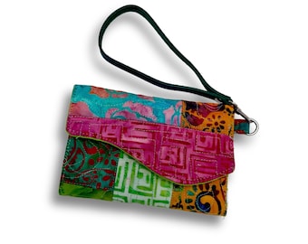 Batik Patchwork Wristlet Wallet | Quilted Fabric Clutch with Removable Leather Strap | Boho Card & Cash Organizer