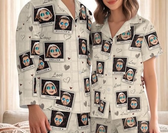 Custom Face Pajamas Long and Short Set, Personalized Couple PJs with Photo, Valentine Pajamas Pants, Matching PJs Family & Couple Gift
