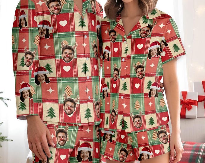 Custom Photo Pajamas, Funny Christmas Pajamas, Couple Holiday Lounge Set, Custom Pajamas With Faces, Cozy Cotton Pajama Pants