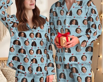 Custom Face Pajamas Long and Short Set, Personalized Couple PJs with Photo, Valentine Pajamas Pants, Matching PJs Family & Couple Gift