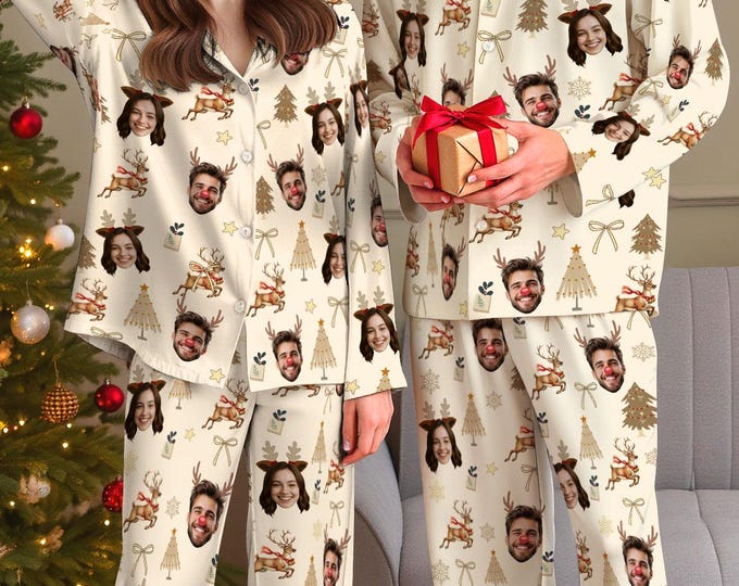 Custom Face Pajama Pants, Family Christmas Pajamas, Personalized Photo Set, Matching Holiday Sleepwear, Cotton Pajama Gift