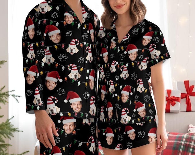 Custom Photo Pajamas, Matching Human and Pet, Dog and Cat Sleepwear, Personalized Pet Photo Pants, Short Set or Long Set, Fun Holiday Gift