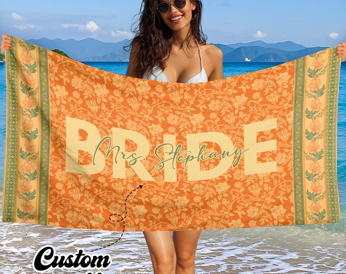 Featured listing image: Custom Bride Beach Towel, Personalized Bride Beach Towel, Bachelorette Pool Towel, Vacation Gift, Wedding Beach Towel, Mrs. Beach Towel Gift
