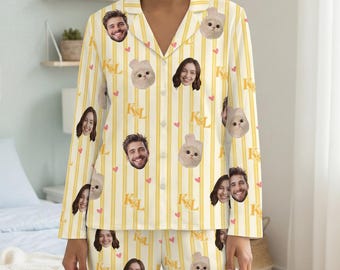 Custom Face Pajamas Plaid Set with Photo, Personalized Pet & Owner Pajamas for Couple, Funny Matching PJs Pants Gift Dog Cat Lovers