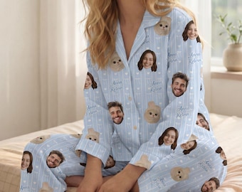 Custom Face Pajamas Plaid Set with Photo, Personalized Pet & Owner Pajamas for Couple, Funny Matching PJs Pants Gift Dog Cat Lovers