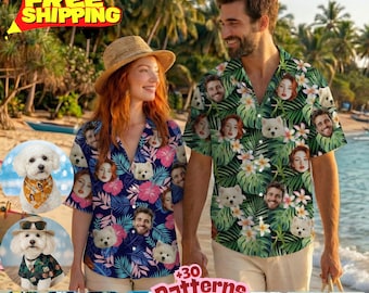 Custom Face Hawaiian Shirt with Photo, Personalized Pet & Couple Beach Shirt, Funny Hawaii Matching Travel Shirts, Bachelor Party Gifts